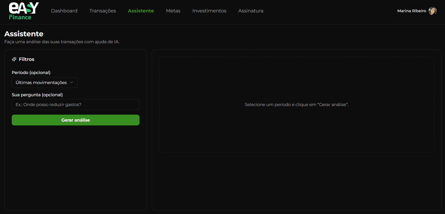 Agente de IA do EasyFinance analisando transações